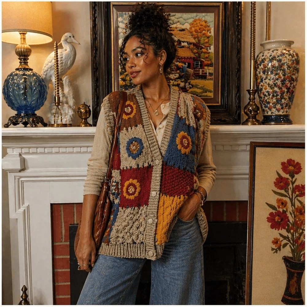 Two‎ Twenty Vintage Hand Knit Patchwork Vest Sunflower Heart Retro Boho Medium